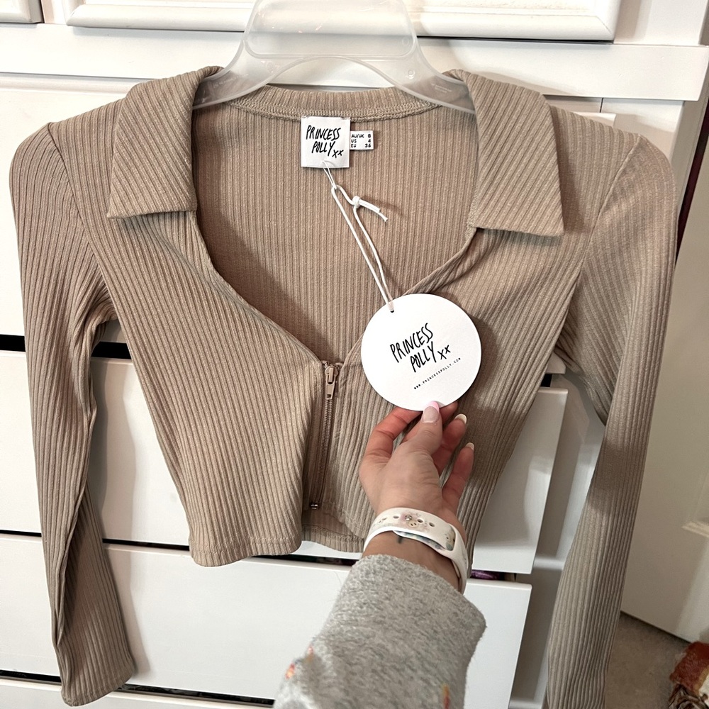 Beige Zip Up Crop Top with Collar